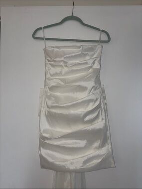 Honey White Strapless Mini Dress with Oversized Bow & Train